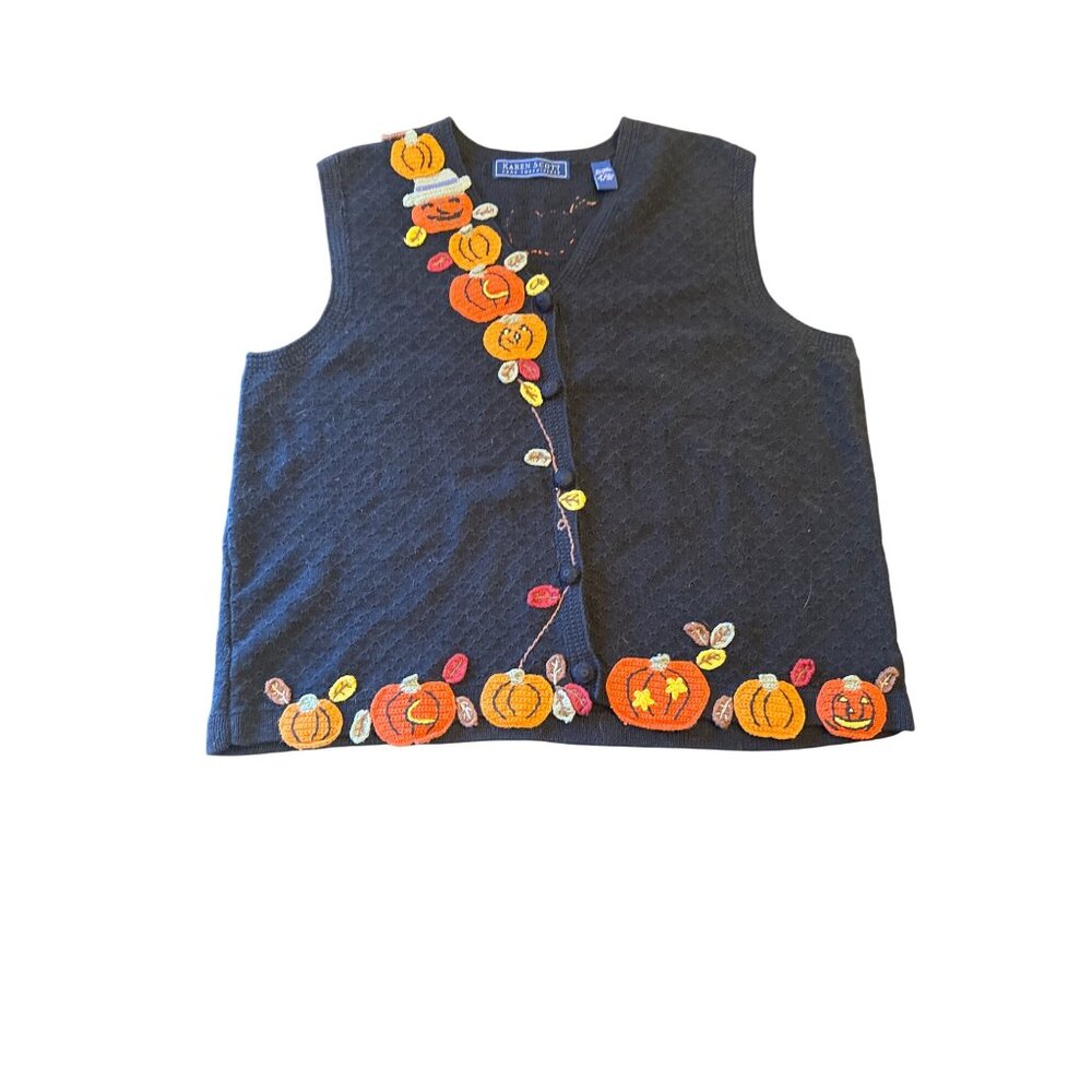 Karen Scott Hand Embroidered Halloween Pumpkin Vest L